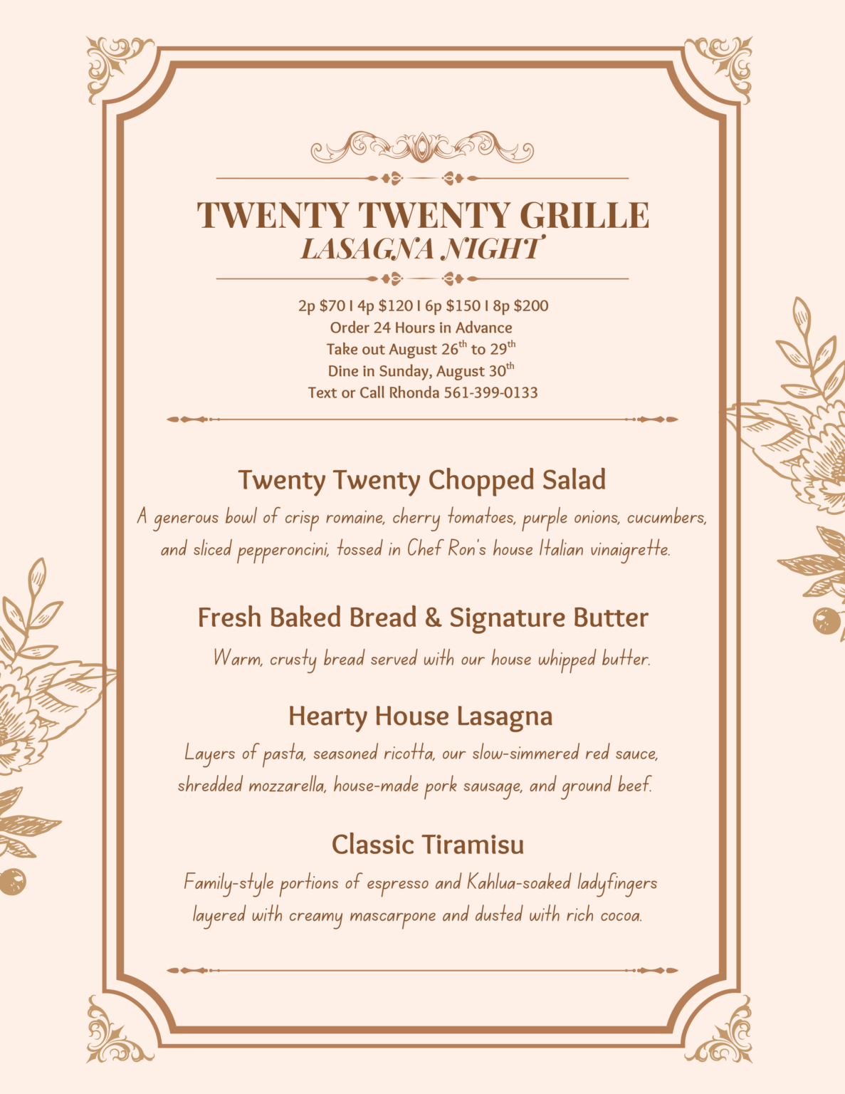 Lasagna Night Menu - August 2026